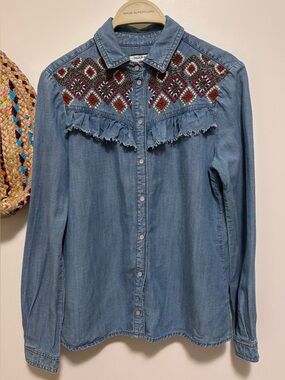The Sweetest Denim Western Style Shirt by NAF NAF  S embroidery beading ruffles